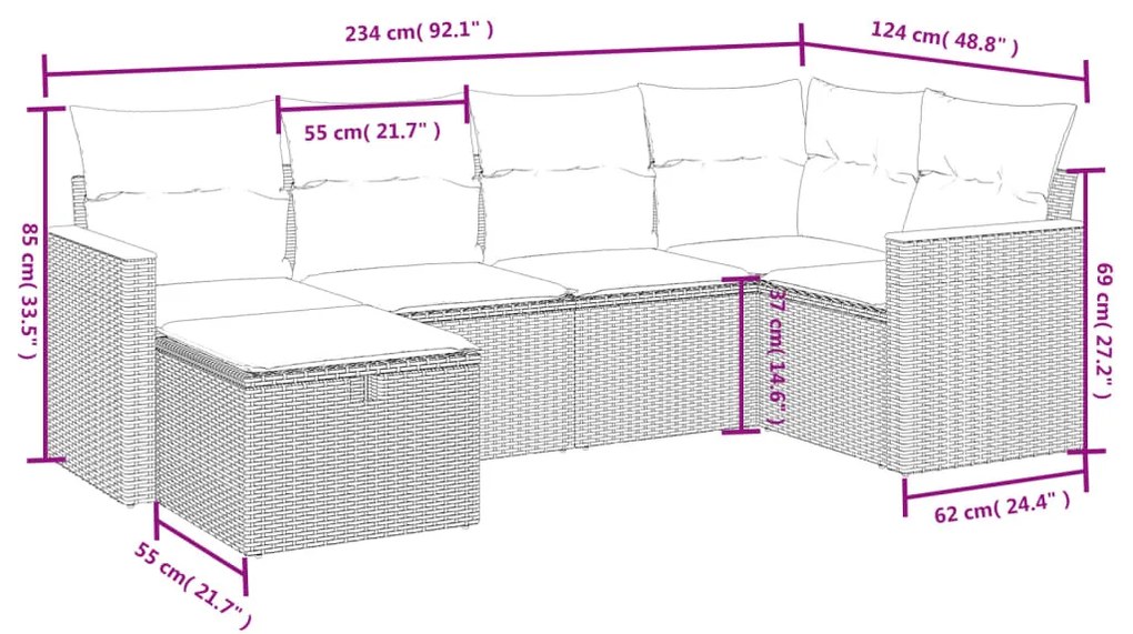 6 részes szürke polyrattan kerti ülőgarnitúra párnákkal