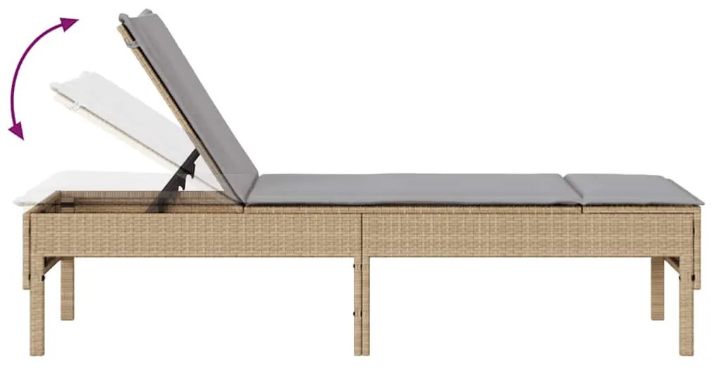 bézs polyrattan napozóágy párnával 55x200x44 cm