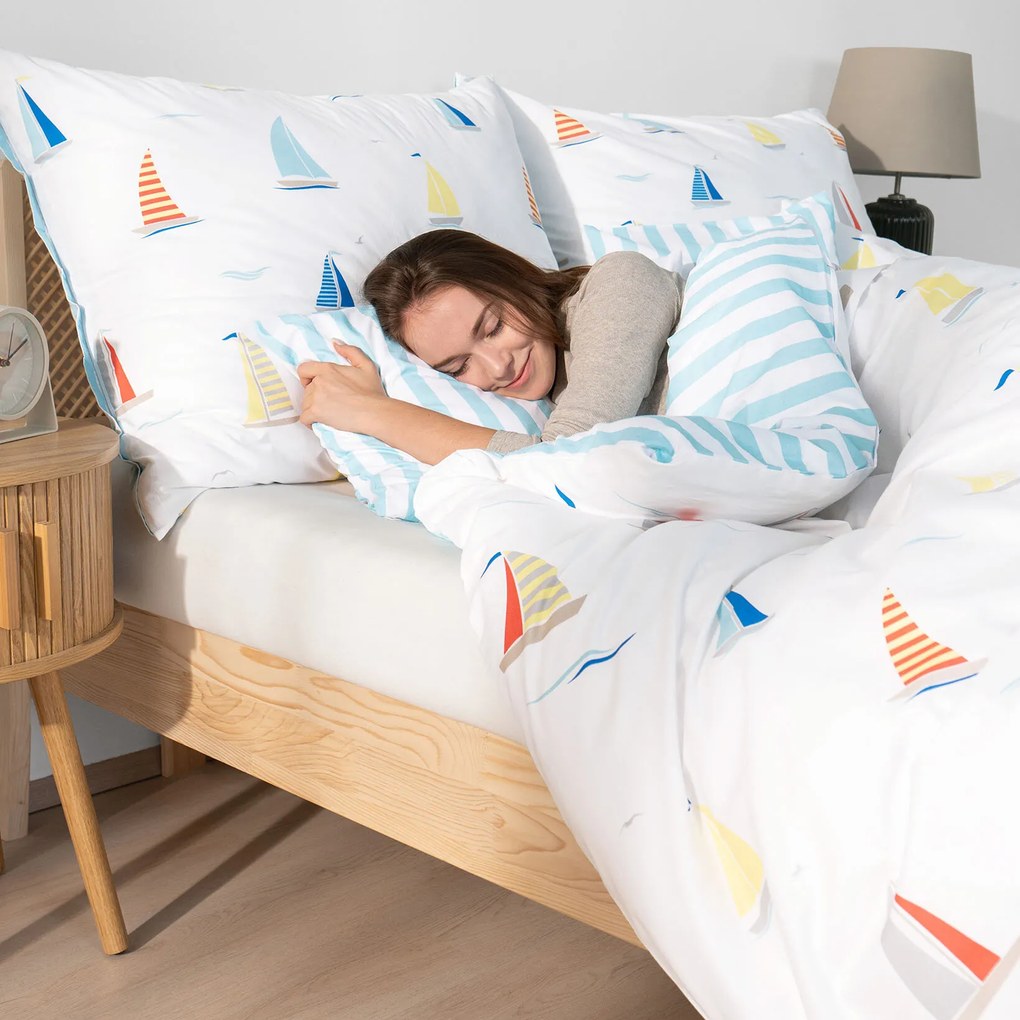 Goldea pamut ágyneműhuzat - vitorlások, kék csíkos hátoldal 240 x 220 és 2db 70 x 90 cm