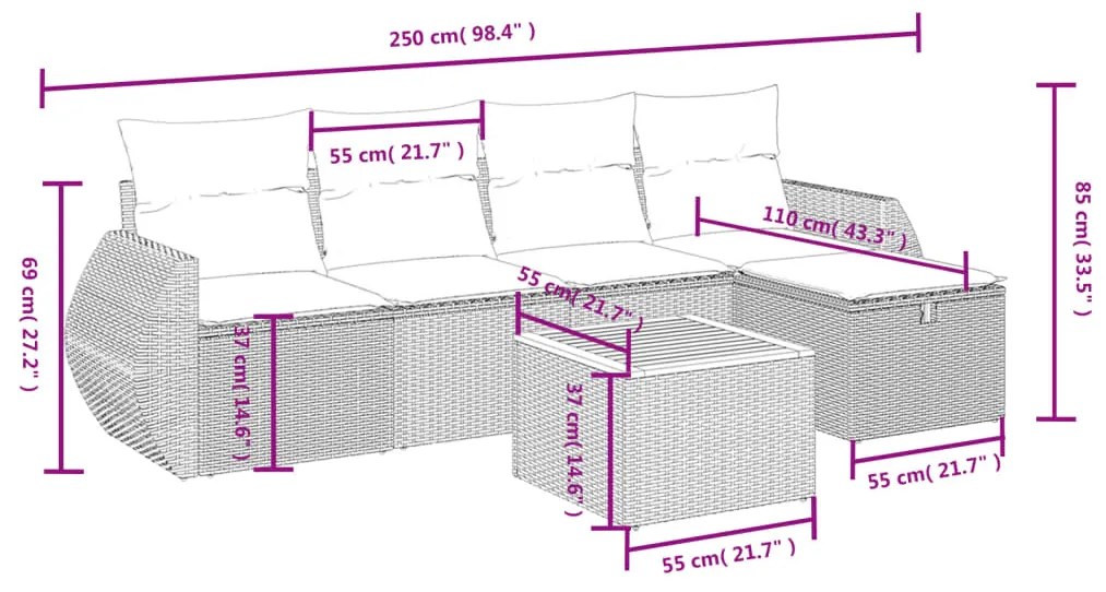 6 részes bézs polyrattan kerti ülőgarnitúra párnával