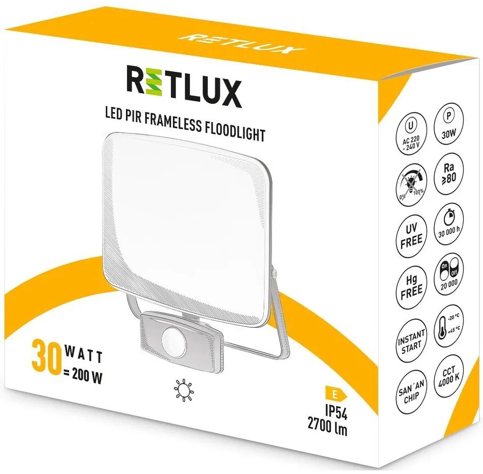 Retlux RSL 256 LED-es reflektor PIR érzékelővel , 174 x 176 x 65 mm, 30 W, 2700 lm