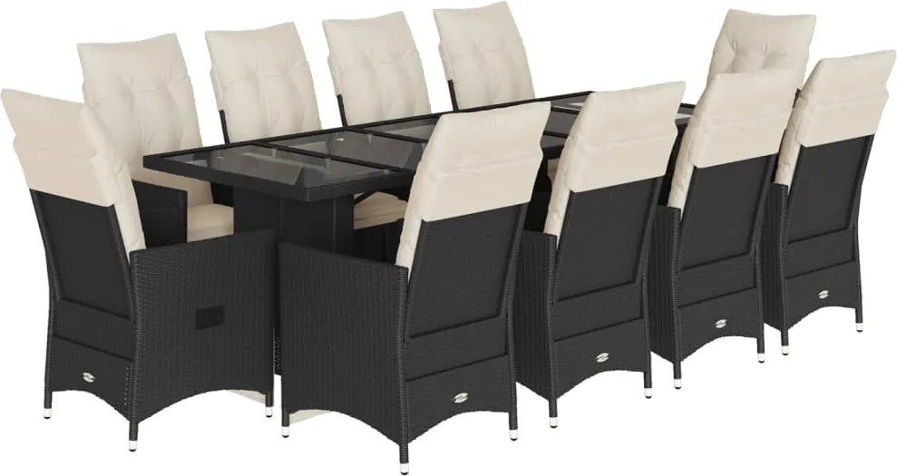 vidaXL 11 részes fekete polyrattan kerti bisztrógarnitúra párnákkal