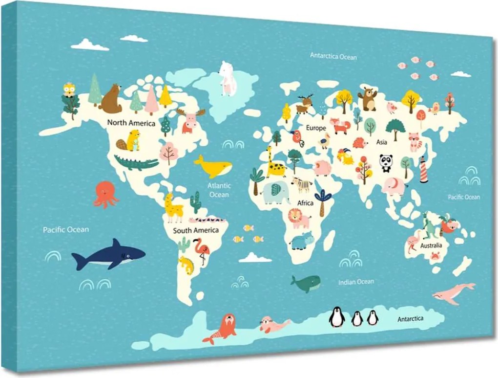 Vászonkép 30x20 Világtérkép állatokkal