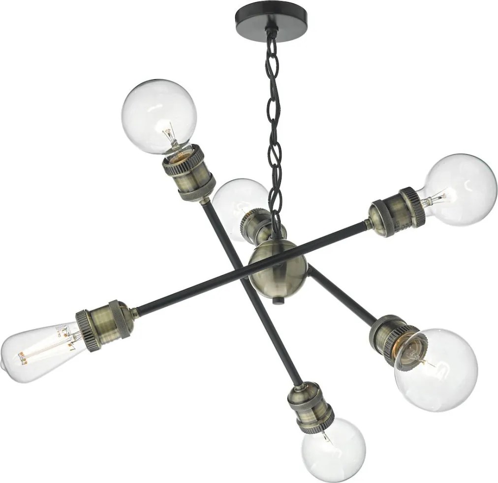 DAR LIGHTING BRI0654 BRIGADE Többágú Függesztett Lámpa Antik Sárgaréz, Fekete E27 IP20