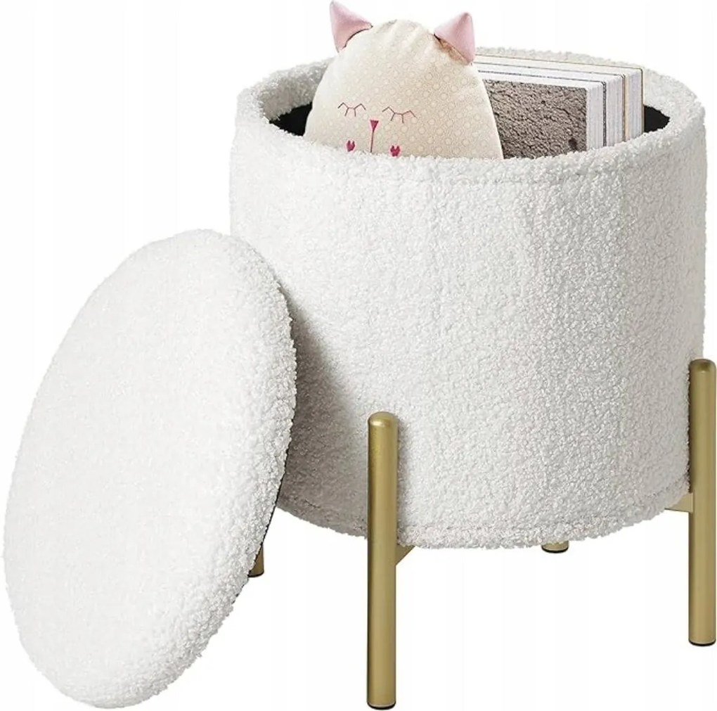 Puff Összecsukható Tároló Fehér Plüss Teddy Arany Lábak Zsámoly Esituro Loft