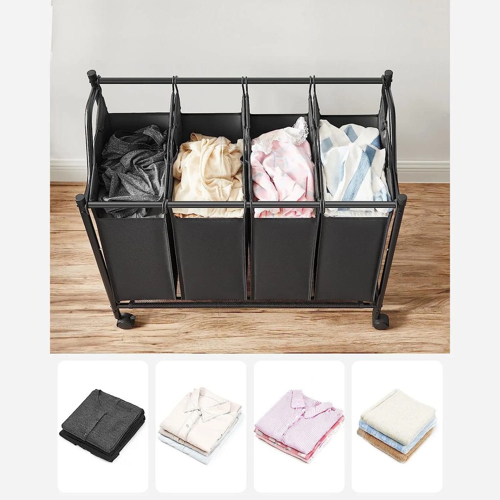 Szennyeskosár görgőkkel 4 x 35l, 4 kivehető táskával, fekete
