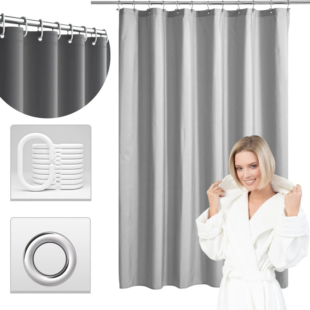 Zuhanyfüggöny 180x180 cm Szürke fürdőszoba kád zuhany kerekek