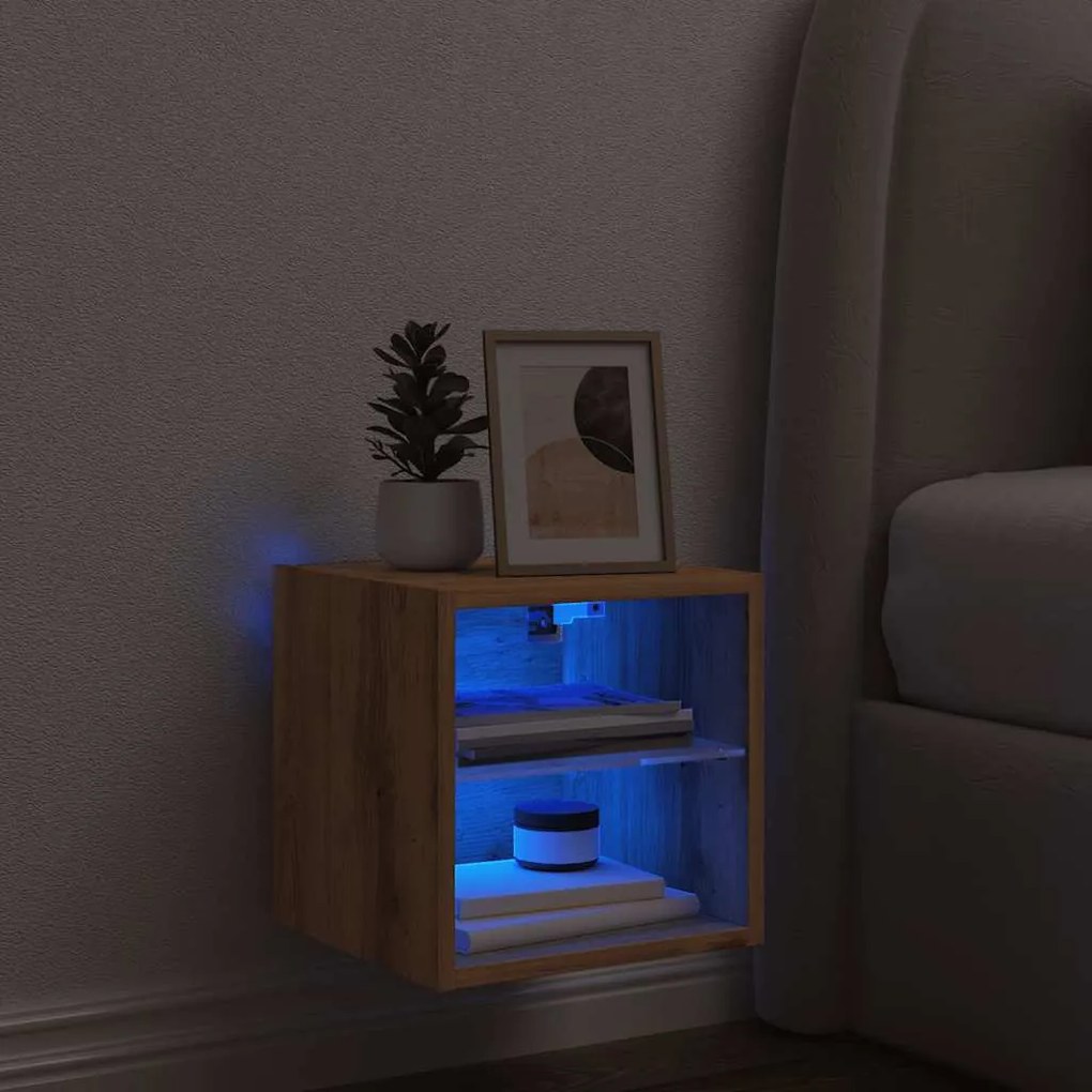 kézműves tölgy színű fali TV-szekrény LED-ekkel 30x28,5x30 cm