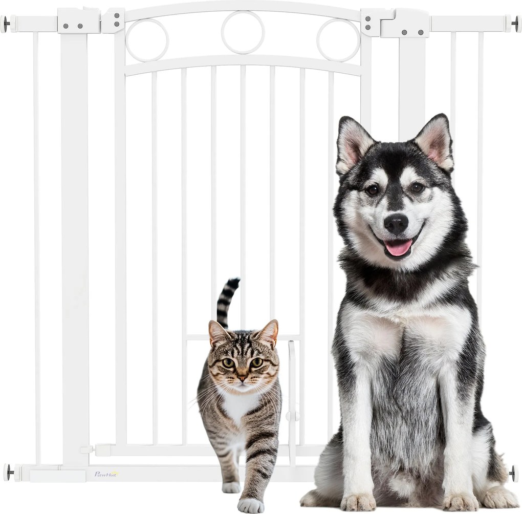 PawHut Kutya Biztonsági Kapu, 76-104 cm Átjáró Kapu Fúrás Nélkül, Acél Lépcsővédő Kapu Macskaajtóval, Biztonsági Kapu Lépcsőkhöz, Ajtókhoz, Közlekedők