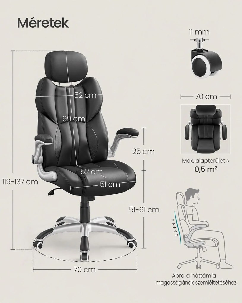 SONGMICS STEVON ergonomikus irodai és gamer forgószék, állítható fejtámlával, felhajtható karfákkal, max. 150 kg, fekete