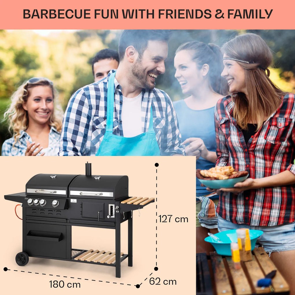 Aberdeen, kombinált grill, gáz, faszén, füstölő, hőmérő, 2 kiegészítő asztal, mobil