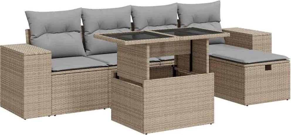 vidaXL 6 részes bézs polyrattan kerti ülőgarnitúra párnával