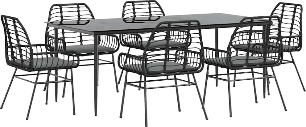 vidaXL 7 részes fekete polyrattan üveg kerti étkezőgarnitúra párnákkal