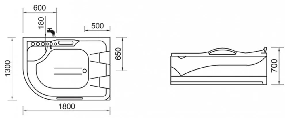 Dublo E-Drive aszimmetrikus hidromasszázs kád,180x130 cm-es méretben csapteleppel