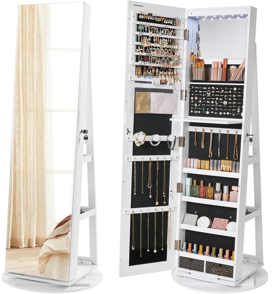 Szabadon álló tükrös ékszerszekrény, zárható, 6 led lámpával, 360°-ban elforgatható