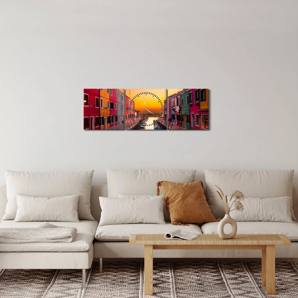 Kép - Naplemente, Burano sziget, Velence, Olaszország (órával) (90x30 cm)