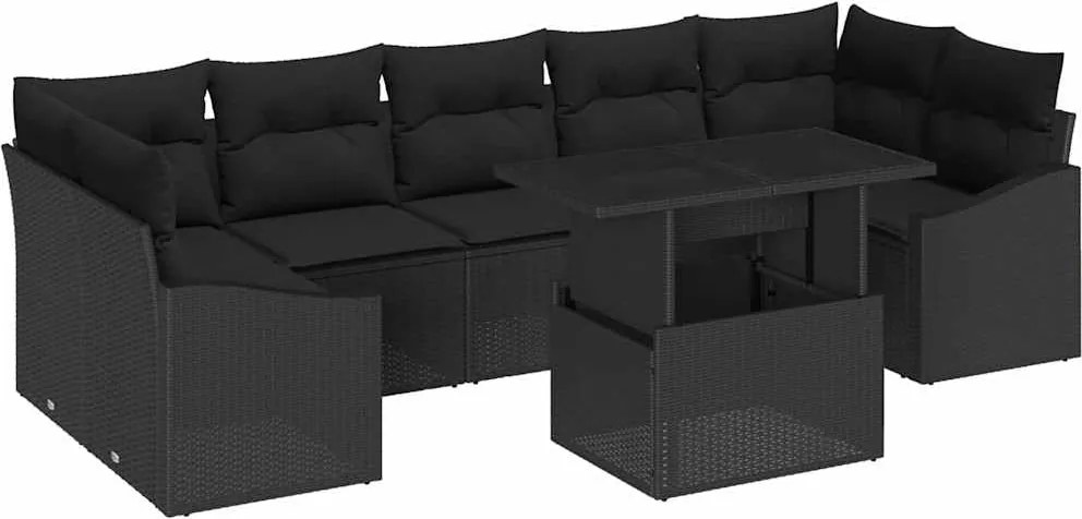 vidaXL Kerti Kanapé Szett tárolóval 8 pcs Fekete Poli rattan