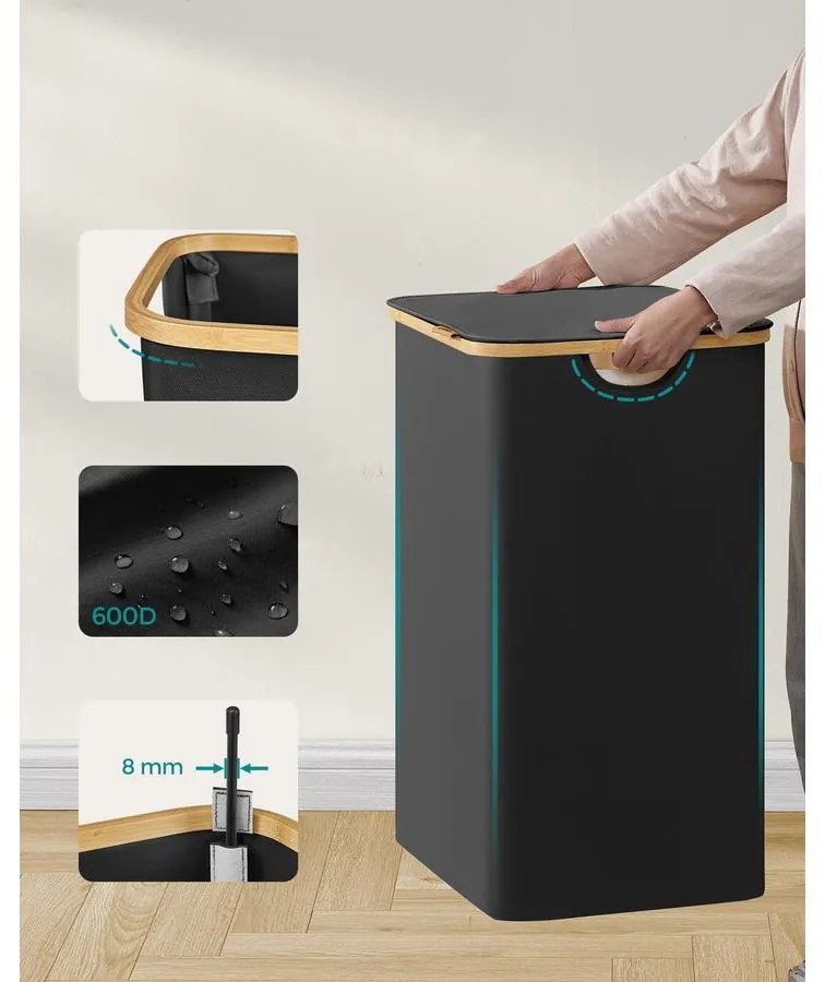 SONGMICS szennyeskosár fedéllel 130L, 2 rekeszes nagyméretű szennyes tartó, fekete