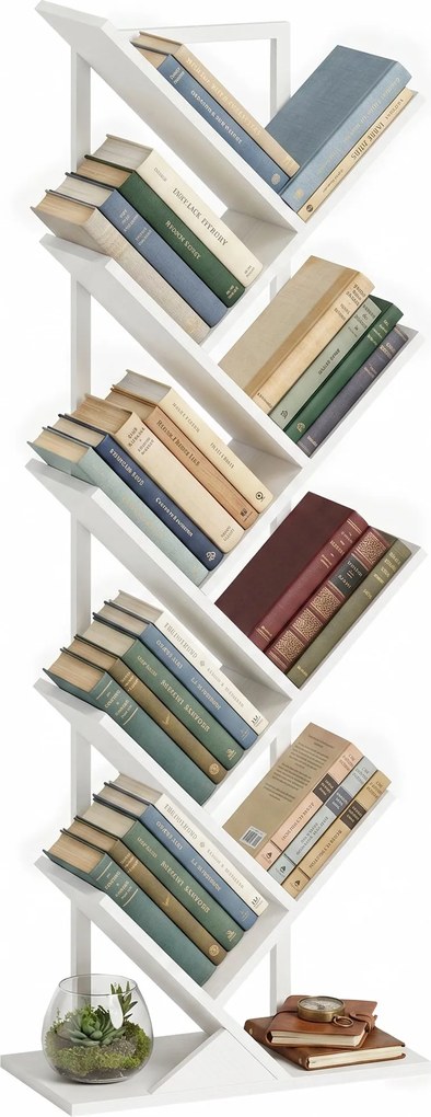HOMCOM Tree-Shaped 9-Tier Slim Bookshelf, Corner/Storage Shelf for CDs, DVDs, Vinyl, Living Room, Bedroom, Office, White | Aosom