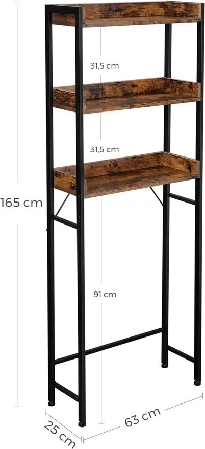 WC feletti tárolópolc, 3 szintes fürdőszobai állvány, 63 × 25 × 165 cm, rusztikus barna-fekete