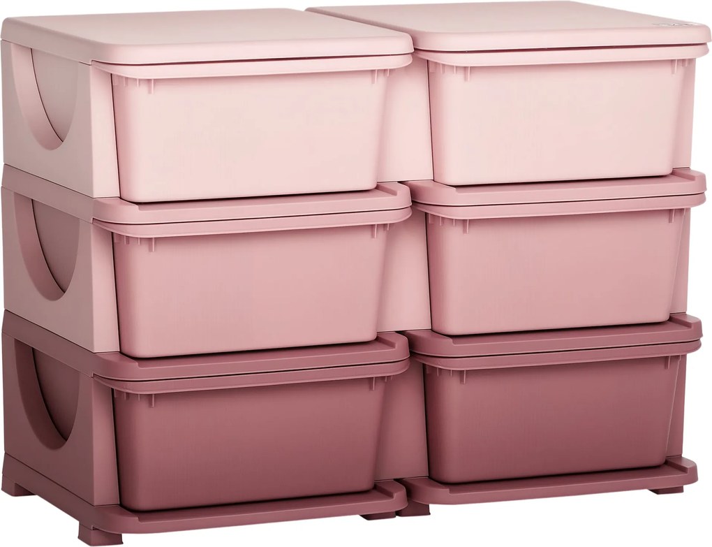 HOMCOM Gyermek Fiókos Szekrény Tárolóhellyel Játék Szervező Játék Láda Hat Szinttel Gyerekszobába 3-6 Éves Gyerekbútor Rózsaszín 75 x 37 x 56,5 cm | A