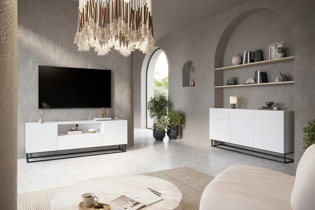 Asha komód 167 cm kétajtós fiókos - matt fehér / fekete vázzal