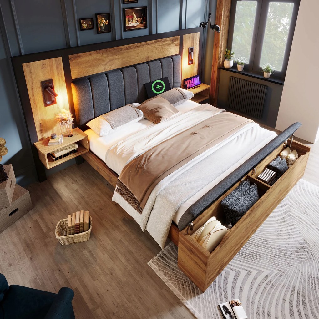 Franciaágy Kárpitozott ágy 160x200cm Lámpa és Usb-c éjjeliszekrény tölgy