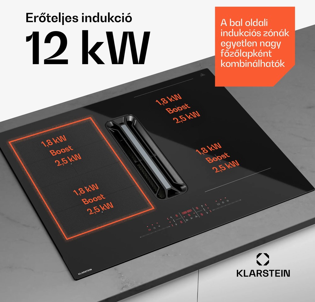 Klarstein AirJet Hybrid Down Air System, Indukciós főzőlap beépített páraelszívóval, 477 m³/h, EEK A+