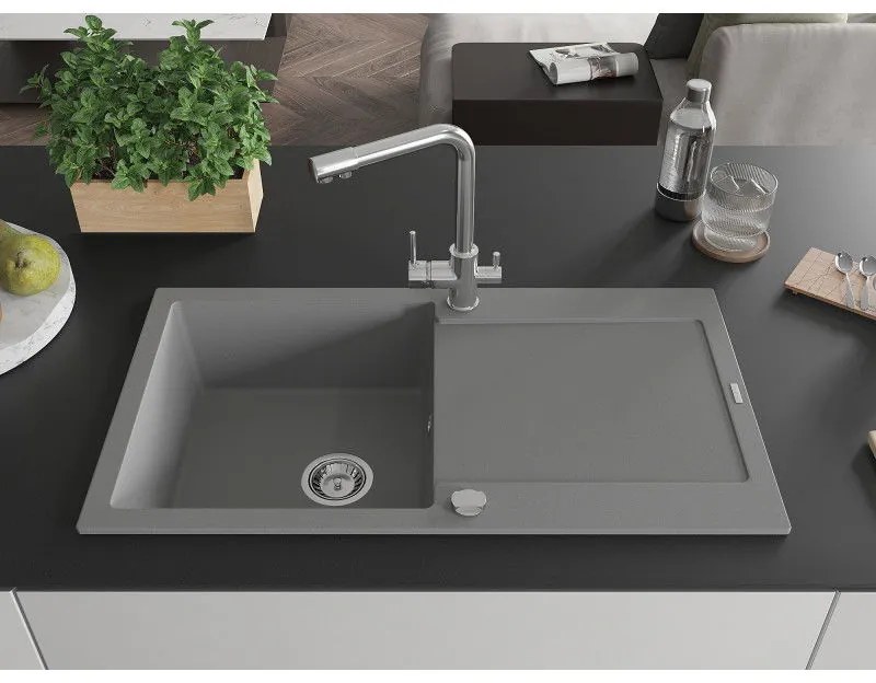Mexen Leo, gránit mosogató 900x500x190 mm, 1 kamrás és Duero króm csaptelep, szürke, 6501-71-671600-00