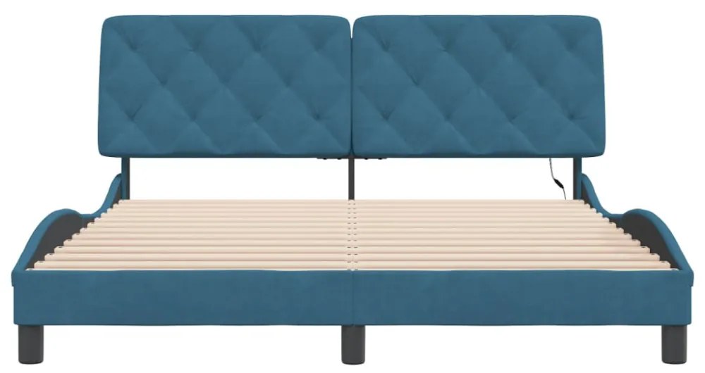 kék bársony ágykeret LED-ekkel matrac nélkül 160 x 200 cm