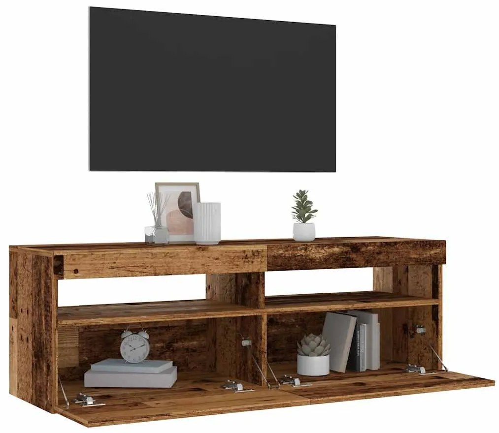 antik fa színű szerelt fa TV-szekrény LED-ekkel 120x35x40 cm