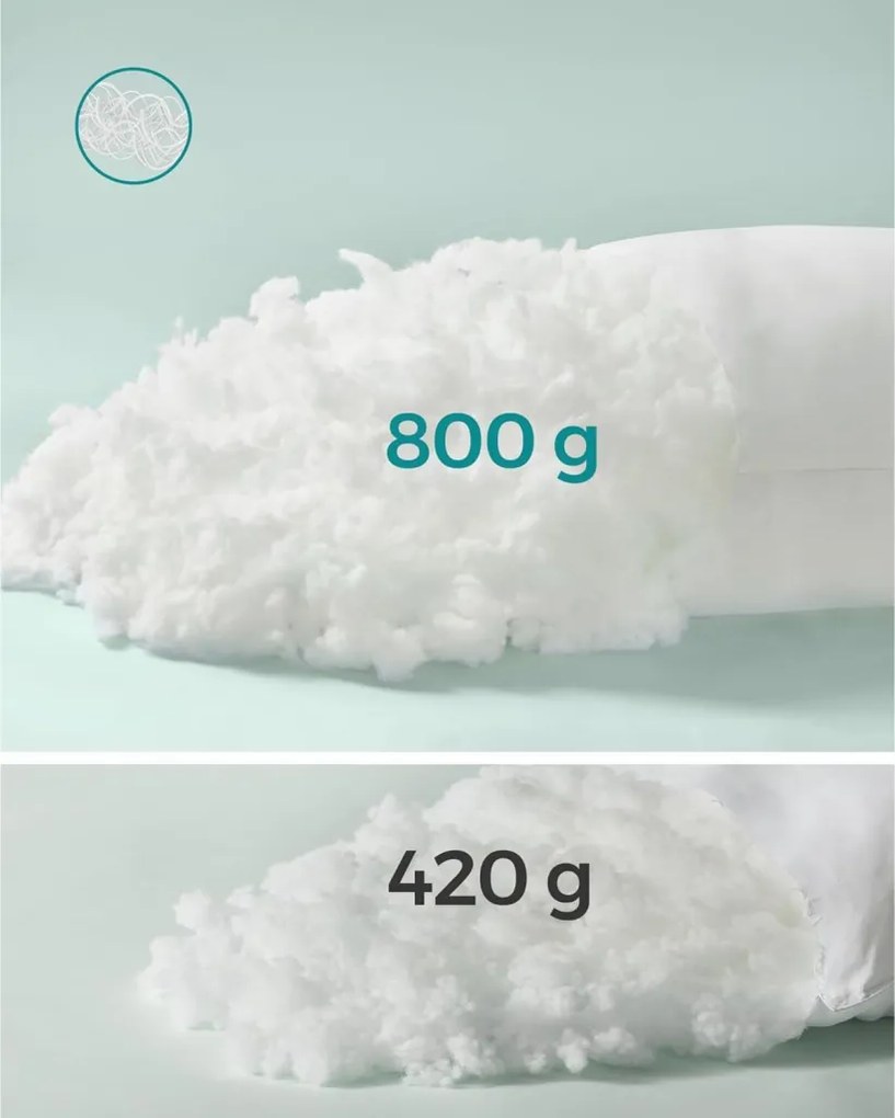 Puha párna, 800g töltettel, 60°-on mosógépben mosható, tárolótáskával, fehér 40x80cm