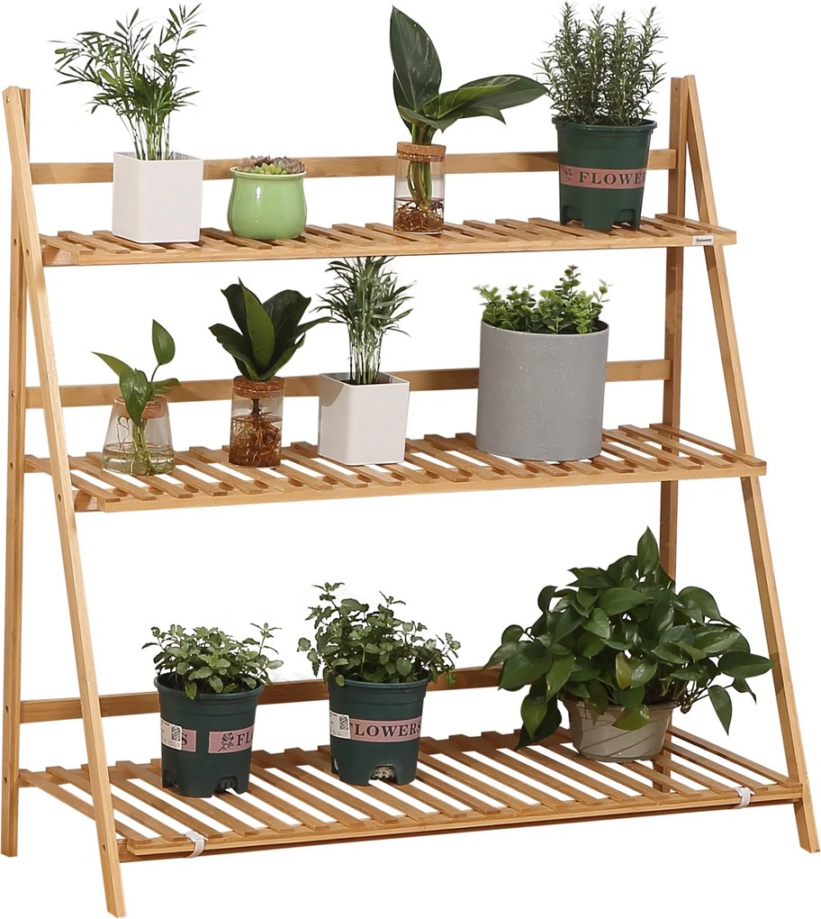 Outsunny 3-szintes bambusz növényállvány virágtartó összehajtható növénypolc beltéri és kültéri használatra 98x37x96,5 cm természetes | Aosom
