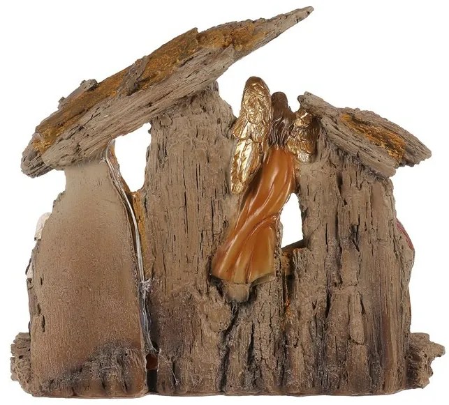 Karácsonyi dekoráció Betlehem három királyokkal ésangyallal, polirezín, LED, barna, 20x23x7cm