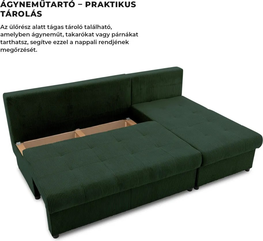 Venezia sarokkanapé, kordbársony, univerzális oldal, hab töltet, zöld