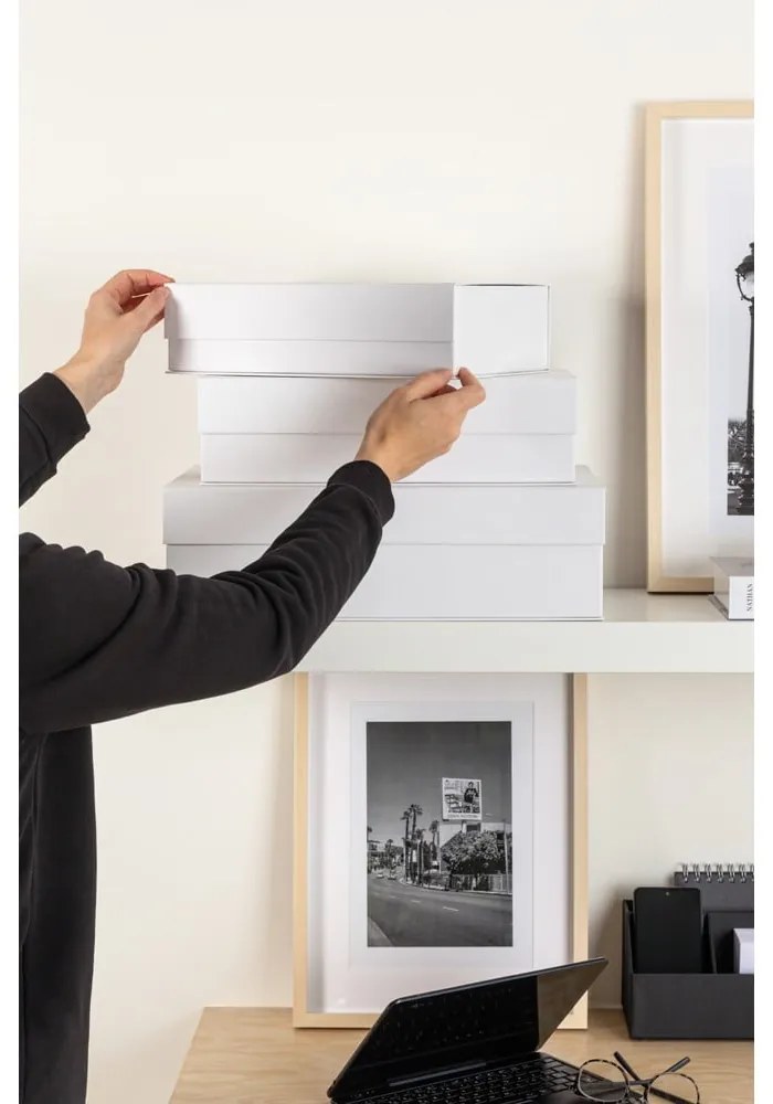 Fehér fedeles karton tárolódoboz szett 3 db-os 42,5x29,5x13 cm Kian Paper Laminate – Bigso