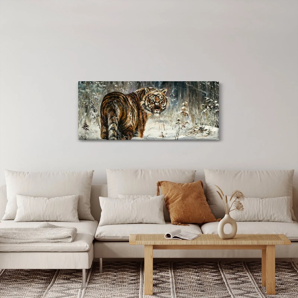 Kép - tigris a havas erdőben, olajfestmény (120x50 cm)