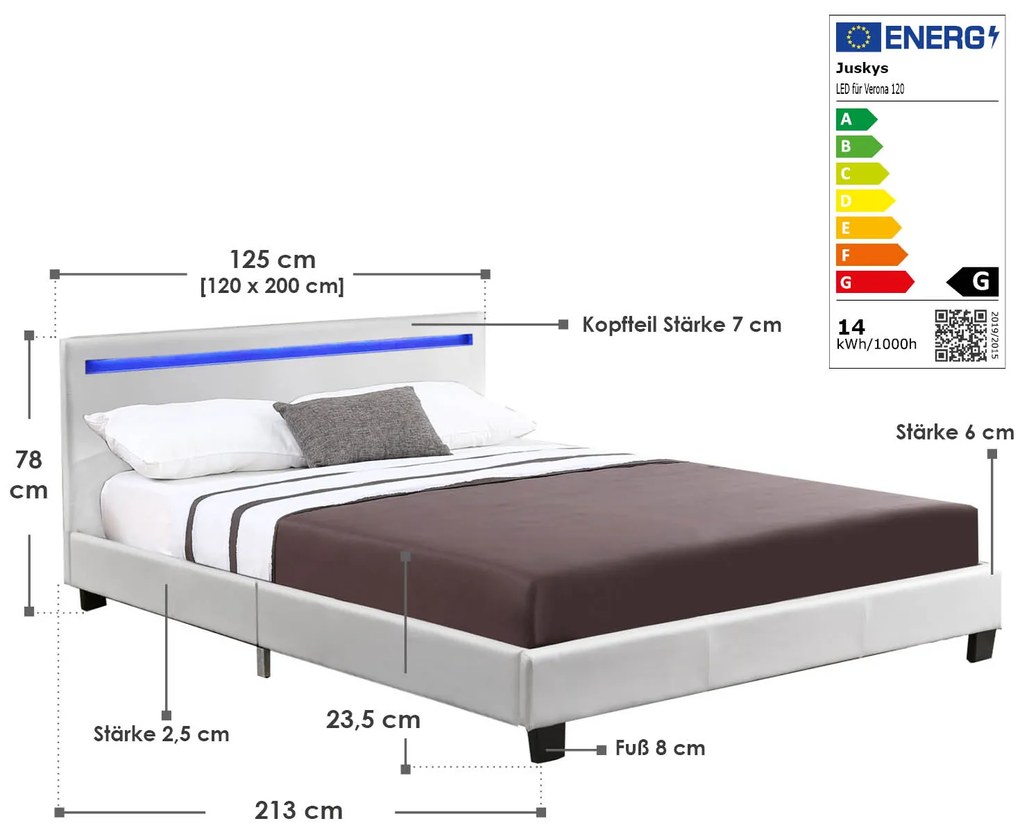 Kárpitozott ágy Verona 120 x 200 cm LED világítással fehér színben