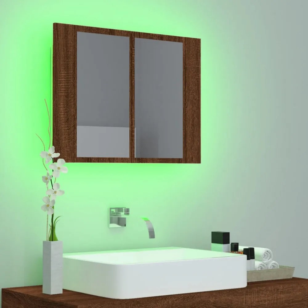 barna tölgyszínű szerelt fa tükörszekrény LED-del 60x12x45 cm