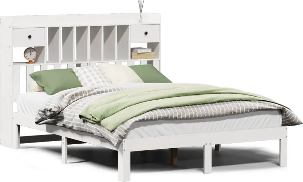 vidaXL fehér tömör fenyőfa könyvespolcos ágy matrac nélkül 150x200 cm