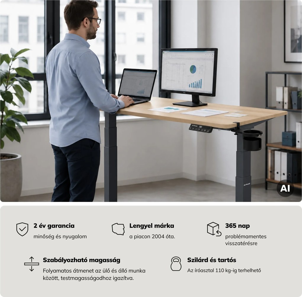 Elektromos íróasztal magasságállítással ergonomikus antracit/sonoma tölgy,1400x700 mm: ARIA