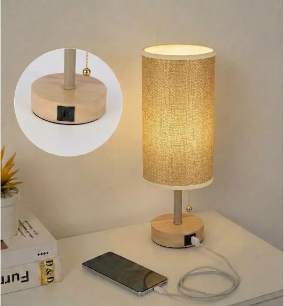 Brilagi - Asztali lámpa USB-porttal TABLON 1xE27/25W/230V tölgy/bézs