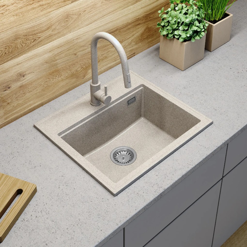 SINK Quality Mosogató minőségi Ferrum Új 5055, 1 kamrás gránit mosogató 560x500x210 mm + arany szifon, bézs, SKQ-FER.5055.B.XG