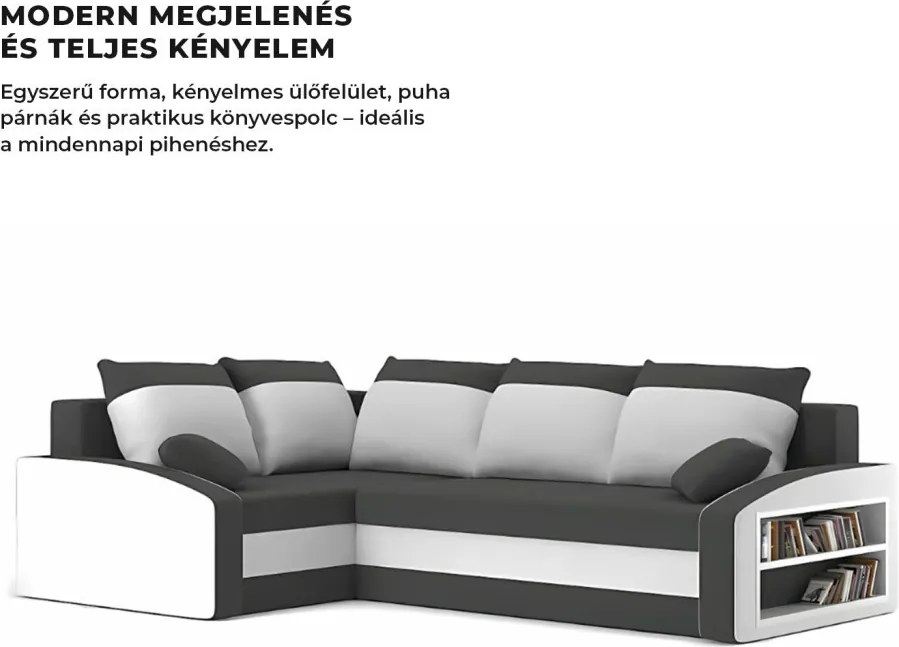 Grande sarokkanapé polcokkal , polc a jobb karfaban, baloldali, szövet anyag, hab töltet, szürke - fehér