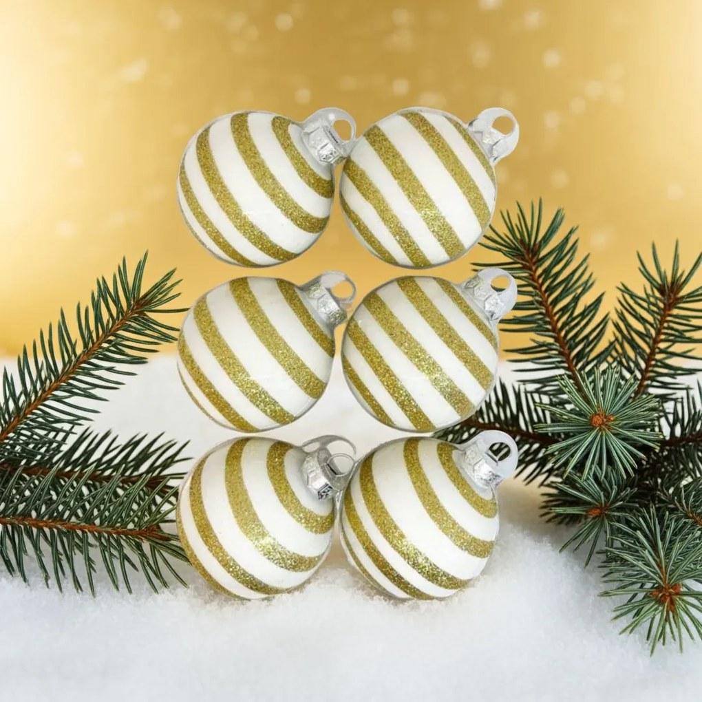 Gold glitter stripe fehér-arany kézzel festett üveg karácsonyi gömb szett 6*7cm