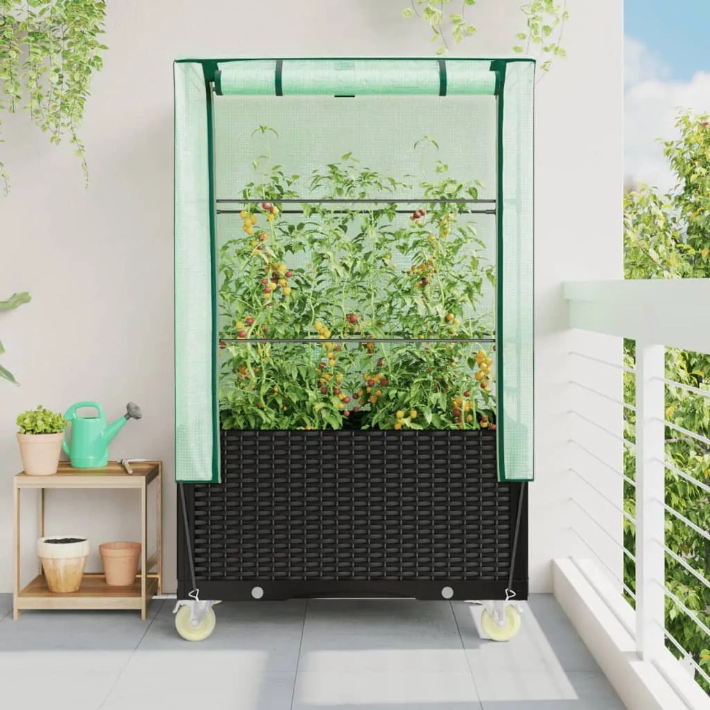 Rattan megjelenésű magaságyás borítással/kerékkel 80x50x182 cm