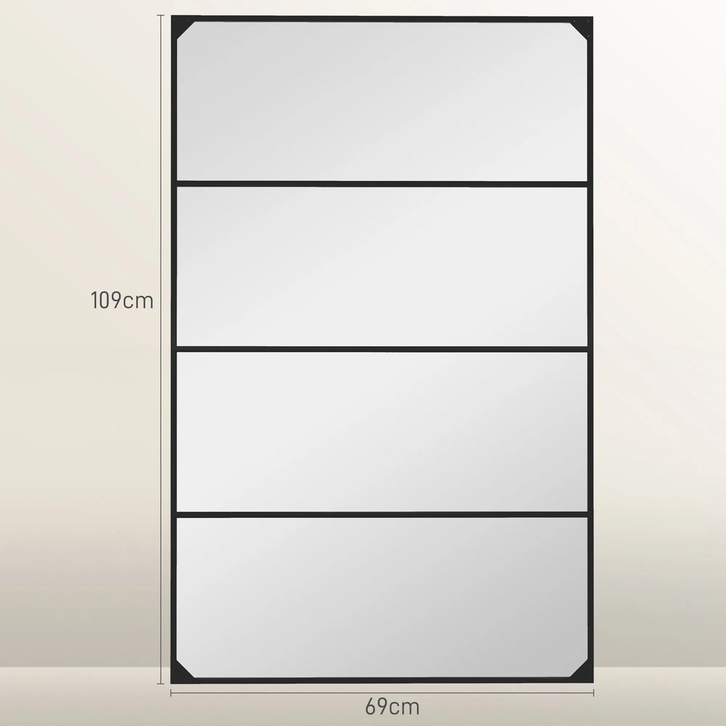 HOMCOM Ipari Stílusú, Téglalap Alakú Rács Tükör - 109 x 69 cm, Fekete Fém, Horizontálisan vagy Vertikálisan, 4 Akasszal | Aosom