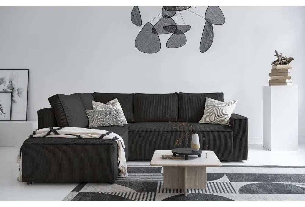 Antracitszürke kordbársony kinyitható sarokkanapé (bal oldali) Brave Dave – Miuform
