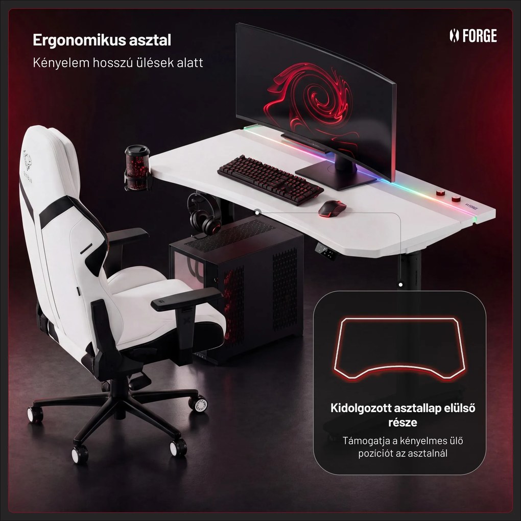 Elektromos RGB gamingasztal tartókkal, fehér-fekete, 140 cm: Diablo X-Forge 1400