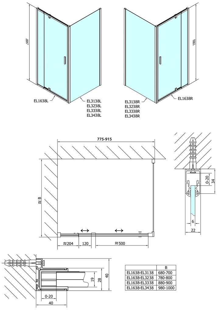 Polysan Polysan, EASY téglalap/négyzet alakú zuhanyparaván forgóajtó 800-900x800mm, L/P, üvegtégla, EL1638EL3238